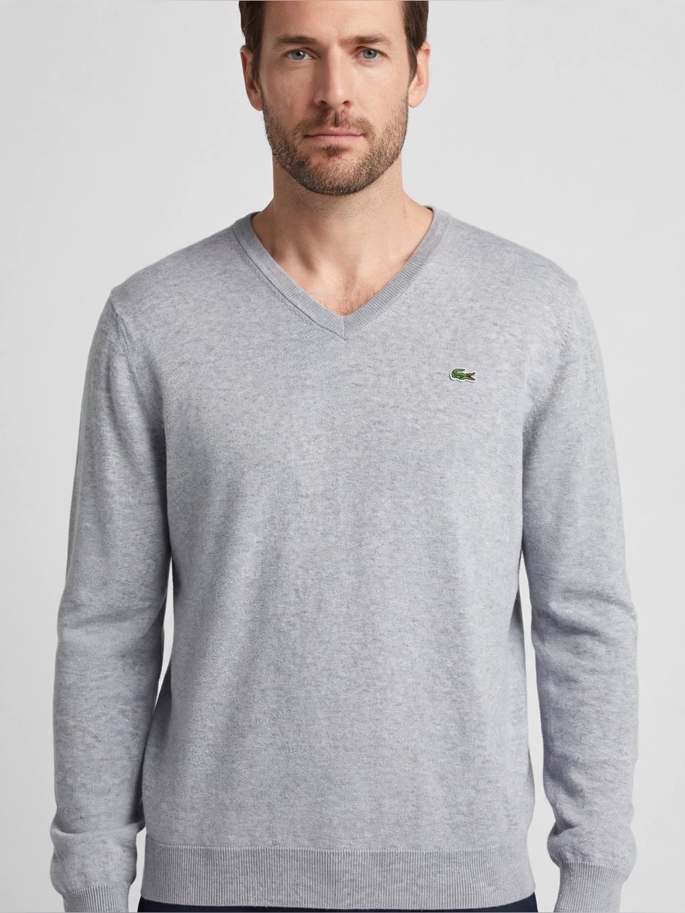 Lacoste Men's V-Neck Sweater in Light Gray with Green Croc Logo XL/6.